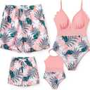 PATPAT Mommy and Me Matching SwimsuitOne Piece V Neck Bathing Suits Leaves Printed Family Swimwear Matching Set (Pink, M)