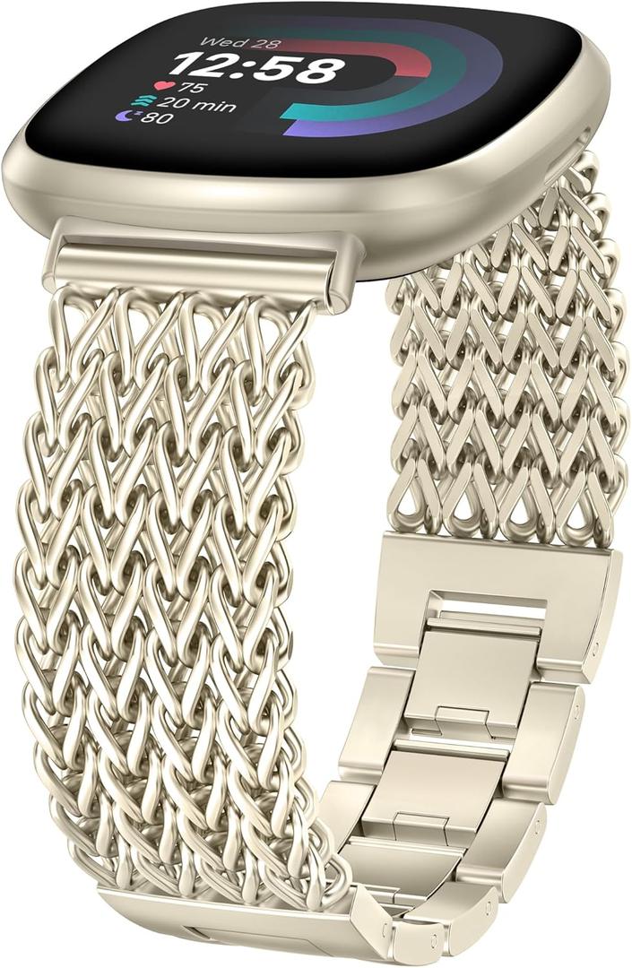 Minyee Metal Bands Compatible with Fitbit Sense 2/Versa 4/Versa 3/Sense Bands Women, Dressy Stainless Steel Multi-chain Designer Luxury Link Bracelet Wristband Replacement Strap (Champagne Gold)