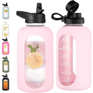 CIVAGO 64 oz Glass Water Bottle with Straw, Half Gallon Large Water Jug | Motivational, Time Marker, Leakproof Lids, Wide Mouth, Flask Cup with Handle and Silicone Sleeve, for Juices, Blush