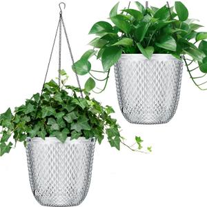 QCQHDU Self Watering Hanging Pots, 2 Pack 7.2 Inch Hanging Planters for Plants Indoor, Flower Pots with Drainage Holes and 3 Hooks Chains for Garden Home (Clear)