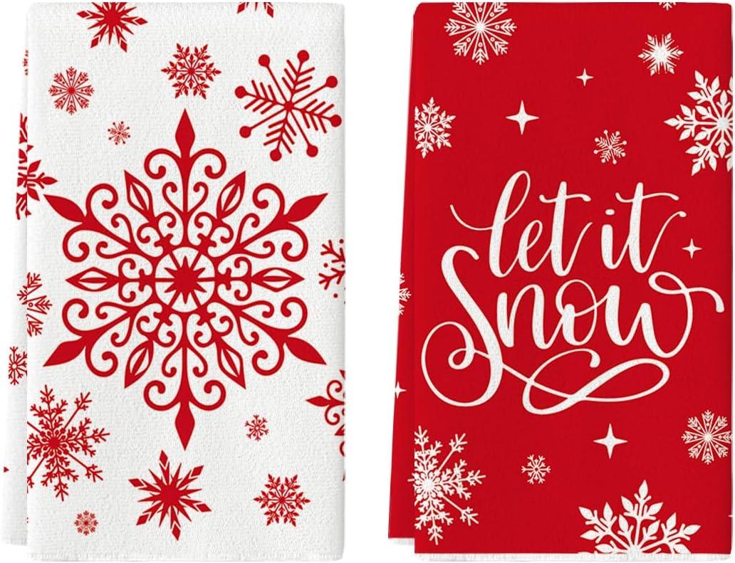 Artoid Mode Red Snowflake Let It Snow Winter Kitchen Towels Dish Towels, 18x26 Inch Daily Christmas Decoration Hand Towels Set of 2
