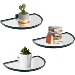 Cityelf Floating Shelves Wall Mounted Wall Decor Iron Glass Hanging Shelf Home Decor Set of 3 Display Ledge Shelves for Living Room Bedroom Office-Black (Large-11inch, Black Semi-circle)
