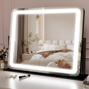 Vanity Mirror With Lights, Large Lighted Makeup Mirror, Smart Touch 3 Colors Dimmable, Tabletop for Makeup Desk, 360 Rotation, 22" x 19", Black
