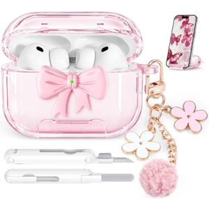 Polislime for AirPods Pro 3 Case 2025, with Safety Lock & Phone Stand for AirPods Pro 3 Generation Case Cover for Women Girly, Clear Pink Bow Butterfly iPods Pro 3 Case with Keychain, Pink