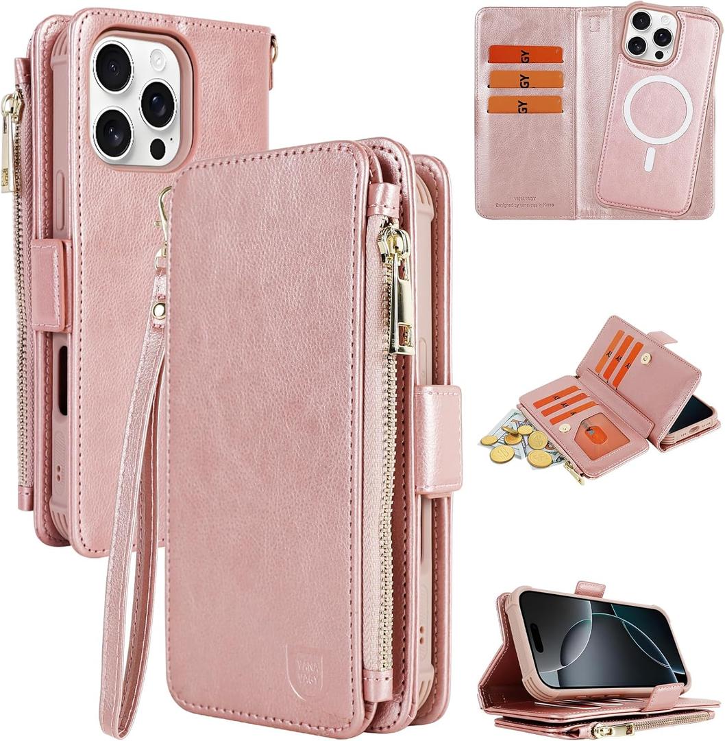 VANAVAGY Compatible for iPhone 16 Pro Max Wallet Case with RFID Blocking Card Holder for Magsafe, PU Leather Magnetic Snap Wallet Detachable Phone Case with Kickstand for 16 promax 6.9inch, Rose Gold