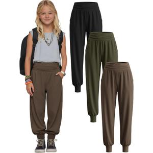 3 Pack Girls' Yoga Pants with Pockets High Waisted Joggers Workout Running Sweatpants Kids Casual Athletic Bottoms (9-10 Years, Black, Army Green, Brown)