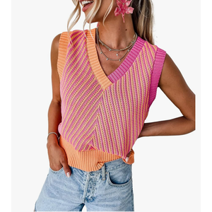 MARZXIN Women Sleeveless Sweater V Neck Casual 2025 Knitted Chevron V Neck Sweater Vest Color Block Pullover Sweater Top, Size Small