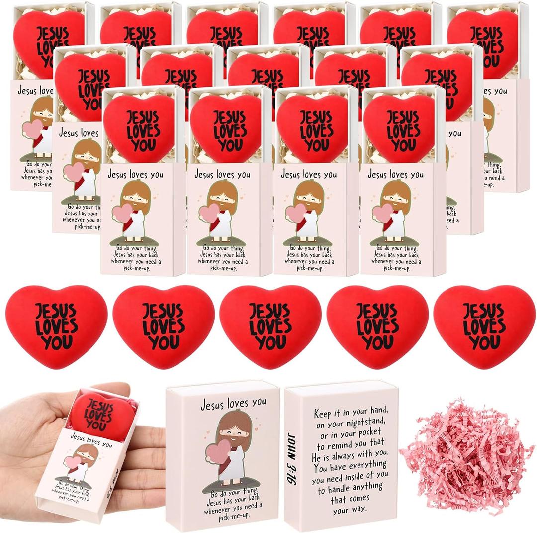 Wettarn 36 Sets Positive Jesus Gifts Heart Stress Balls with Support Boxes Jesus Loves You Party Favors for Mothers Day Christmas Stuffers Office Church Christian Desk Decor