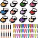 Chrome Nail Powder, 12 Colors Metallic Mirror Powder Gold Silver Blue Purple Red Pink Brown Nail Art Decoration Glitter for DIY Nail Supplies, 1g/Jar, 12 Sponge Sticks