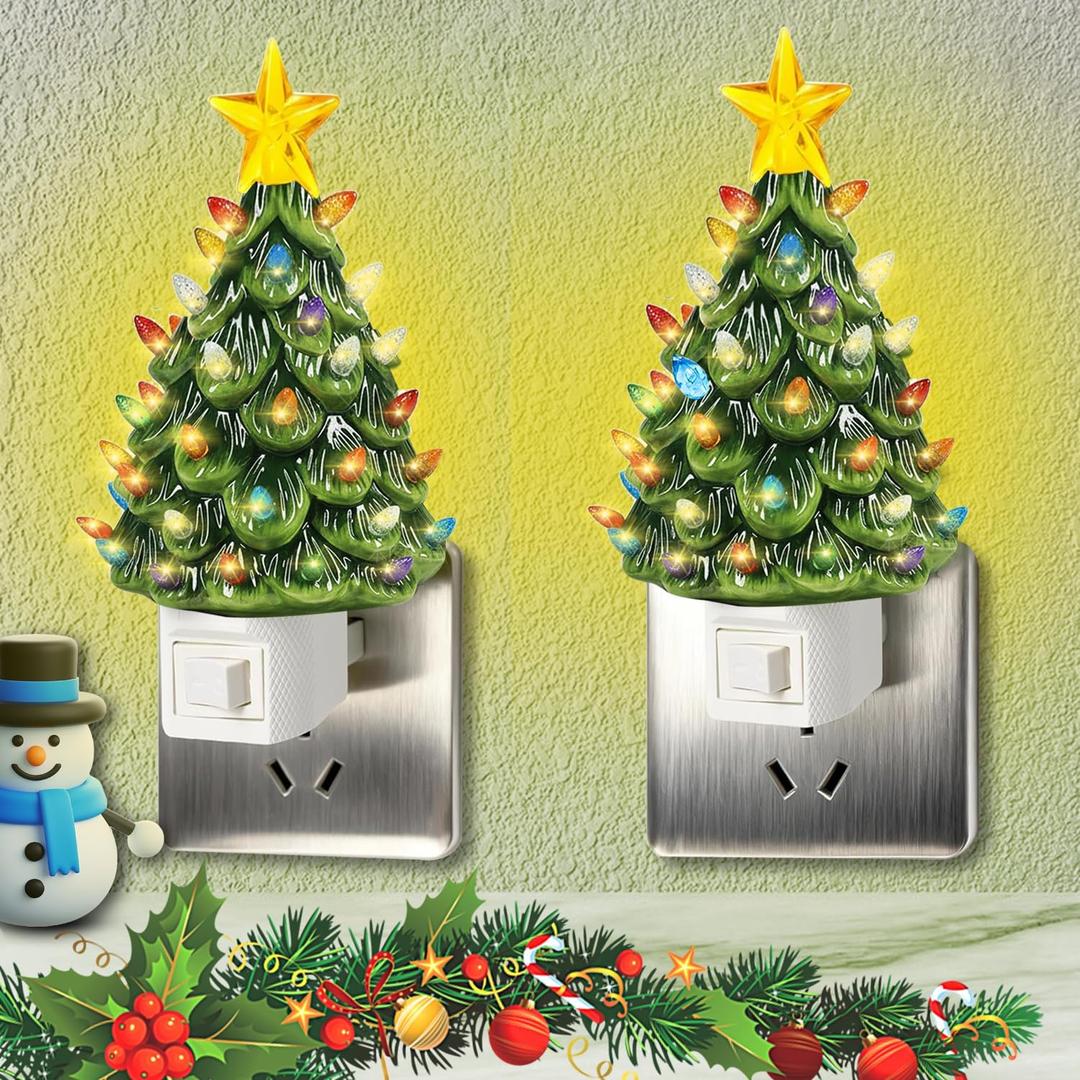 NUWIXMER Ceramic Christmas Tree Night Light,Christmas Decorative Tree with Multicolor Bulbs and ON/Off Switch, Christmas Xmas Night Light for Bedroom Porch Holiday Decor,2 Pack