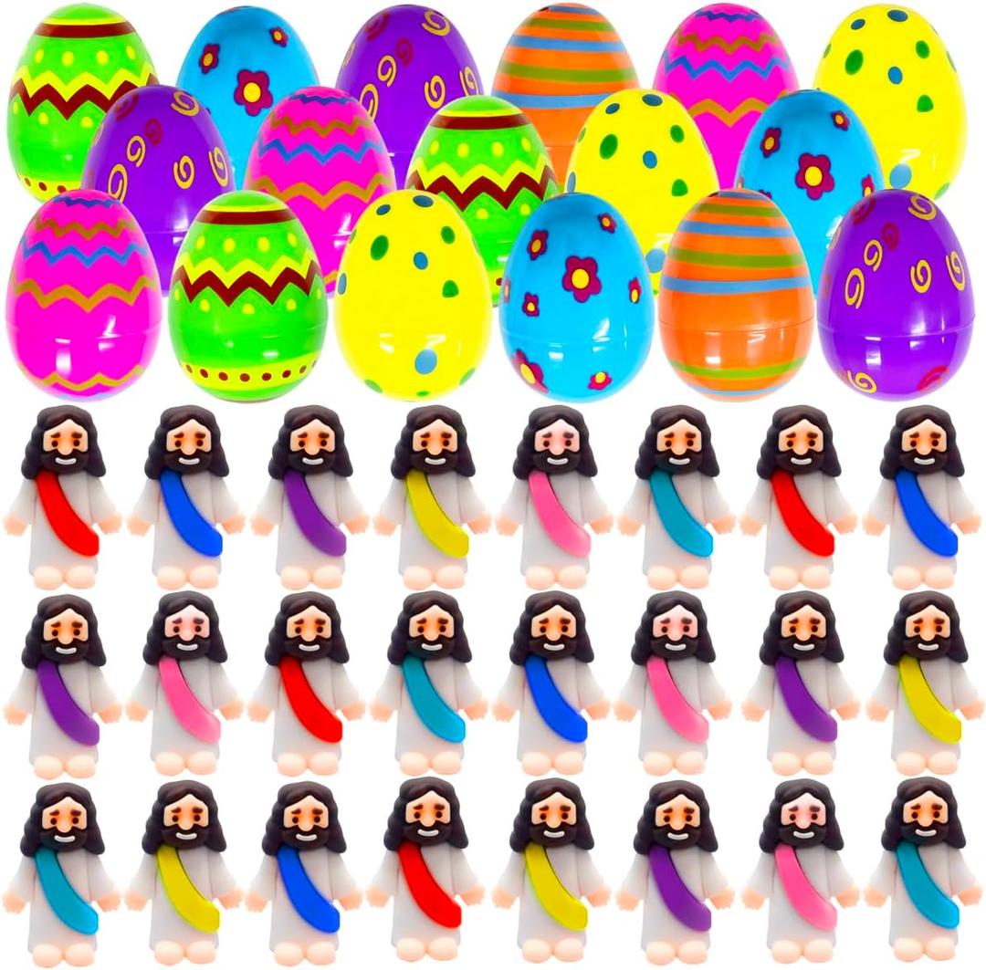 24 Pcs Prefilled Easter Eggs with Mini Jesus Figurines Resin Toys Great for Kids Girls Boys Toddlers Easter Egg Hunt Fillers Easter Basket Stuffers Party Favors Gifts