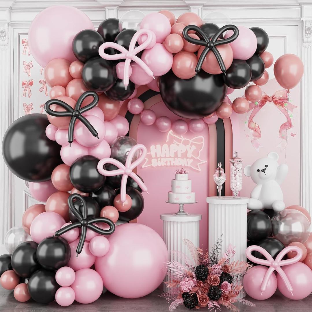 Pink and Black Balloon Arch Kit,120Pcs Retro Dirty Pink Maca Pink Black Clear Balloons Garland Different Sizes for Girls Women Birthday Wedding Baby Bridal Shower Party Decorations