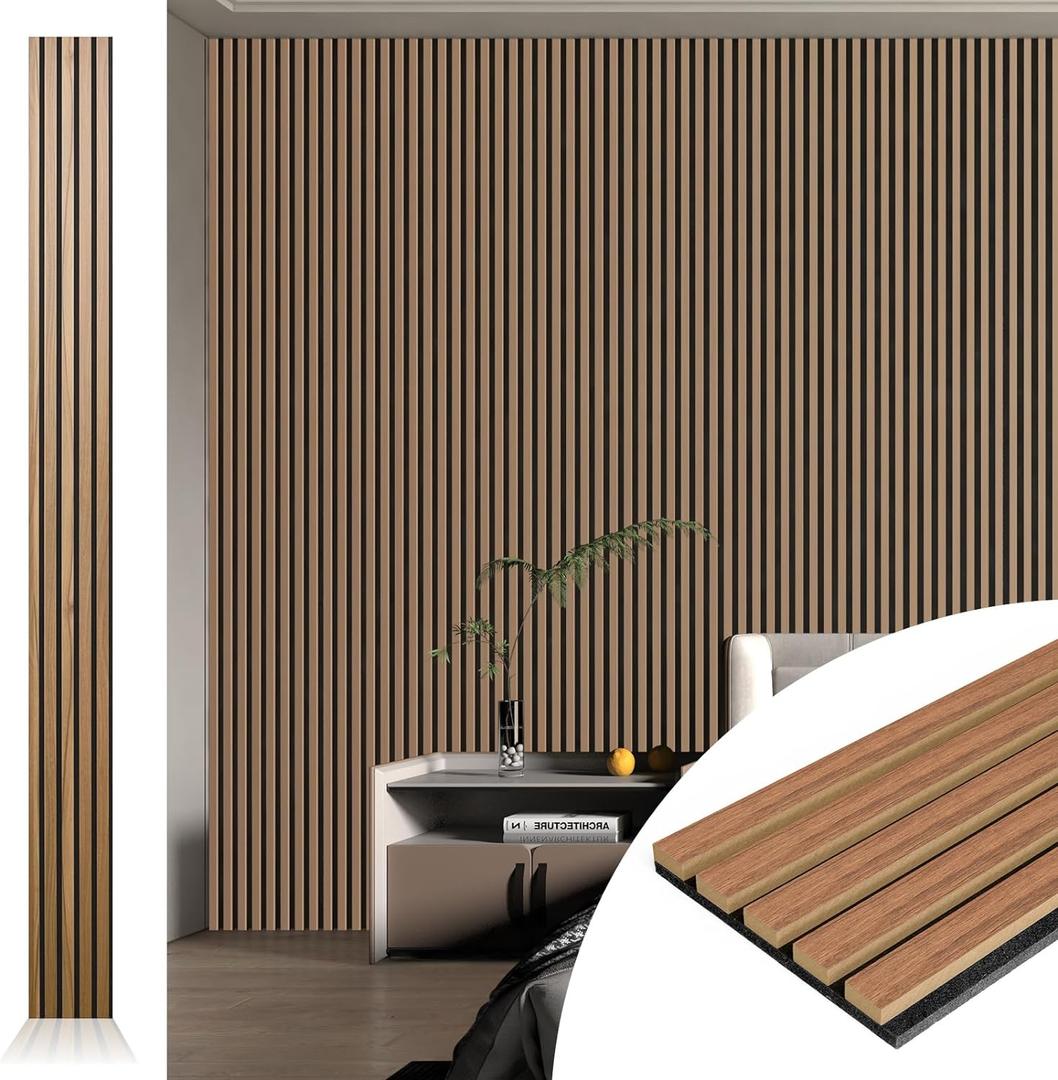 Art3d 4pcs-107 x 8in Slat Acoustic Panel for Wall and Ceiling, 3D Fluted Sound Absorbing Panel with Wood Finish, Walnut