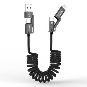 AGVEE 5ft 4-in-1 Coiled Multi USB C Charging Cable, Secure-Slide No-Loss Adapters, Slim Tips Fit Thick Cases, Lightning End Reinforced, PD 60W for iPhone Carplay, Samsung, iPad, Black