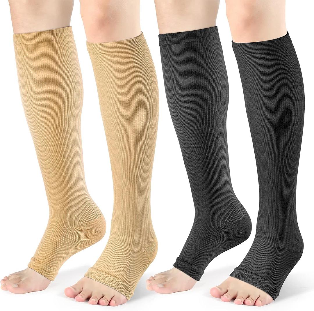 Open Toe Compression Socks Women & Men-2 Pairs 15-20 mmHg Knee High Stockings for Circulation Support (Large-X-Large, C - Black/Beige)