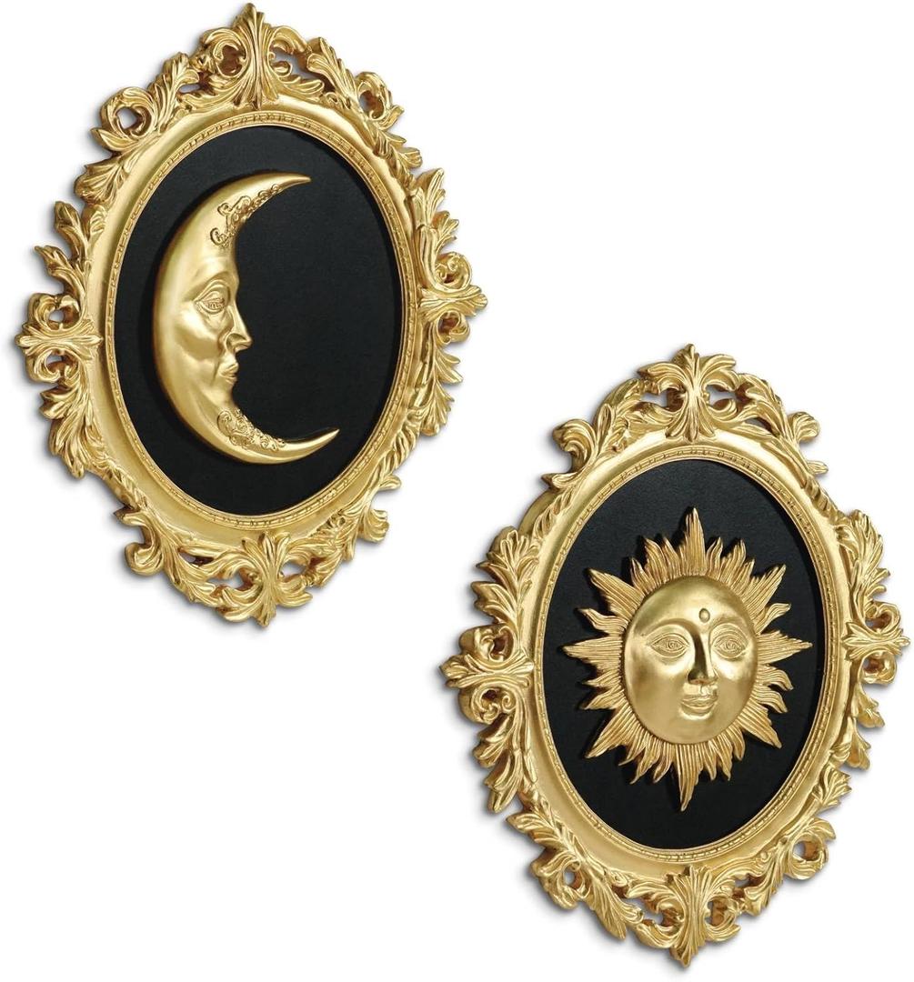 Putuo Decor Baroque Sun Moon Wall Decor Set, 2-Piece 3D Ovals Gold Resin Relief on Black Backing, Vintage Celestial Accent Wall Hanging Art for Living Room Bedroom Entryway Gallery