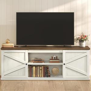 VASAGLE Farmhouse TV Stand for TVs up to 80 Inches, Entertainment Center with Storage Cabinets and Sliding Barn Doors, Media Console Table for Living Room, Rustic White and Honey Brown ULTV537W01