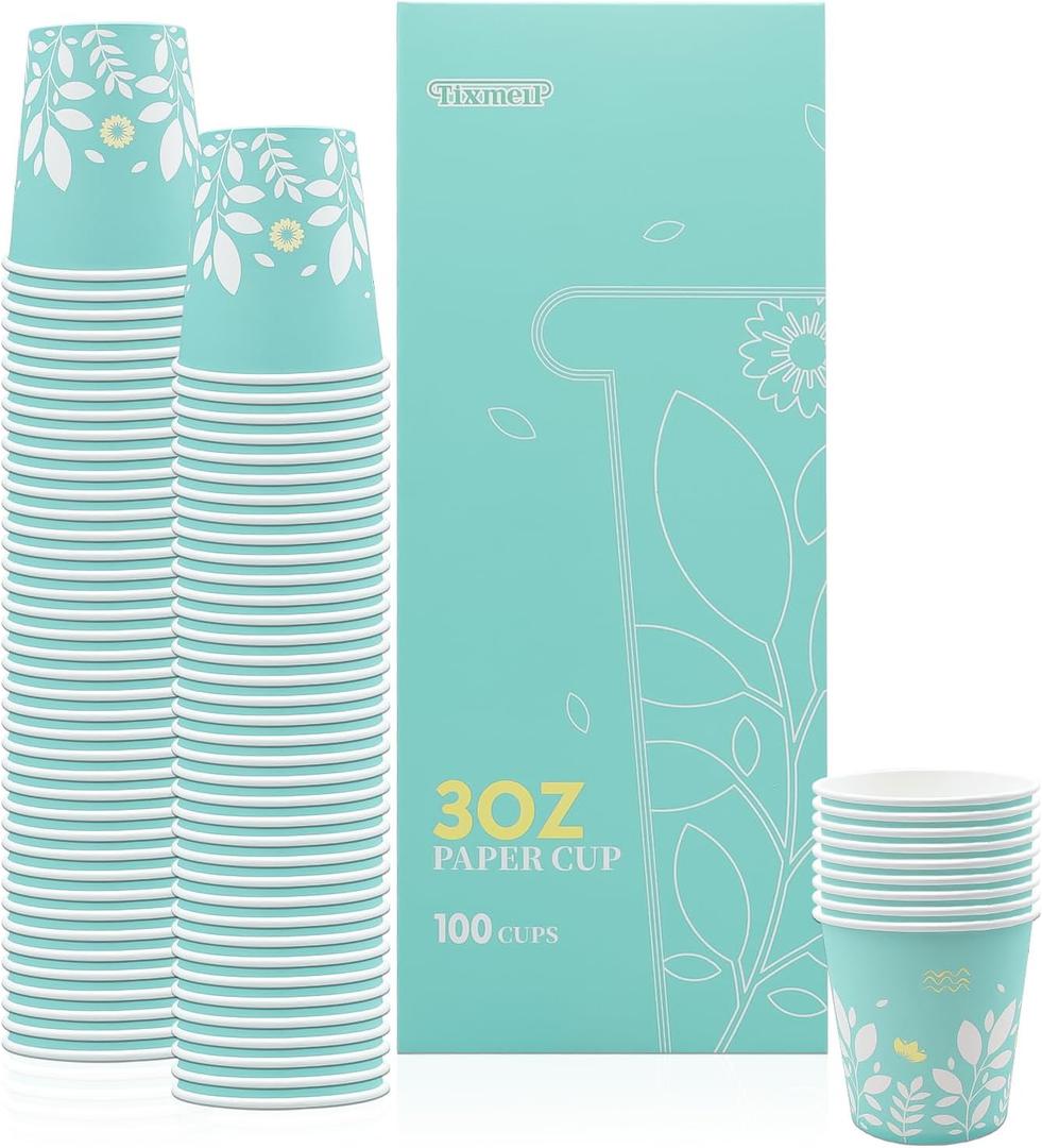 Tixmelp 100 Pack 3 oz Bathroom Paper Cups, Disposable Paper Cups, Mouthwash Cups, Hot/ Cold Beverage Drinking Cups, Ideal for Bathroom(Leaves)