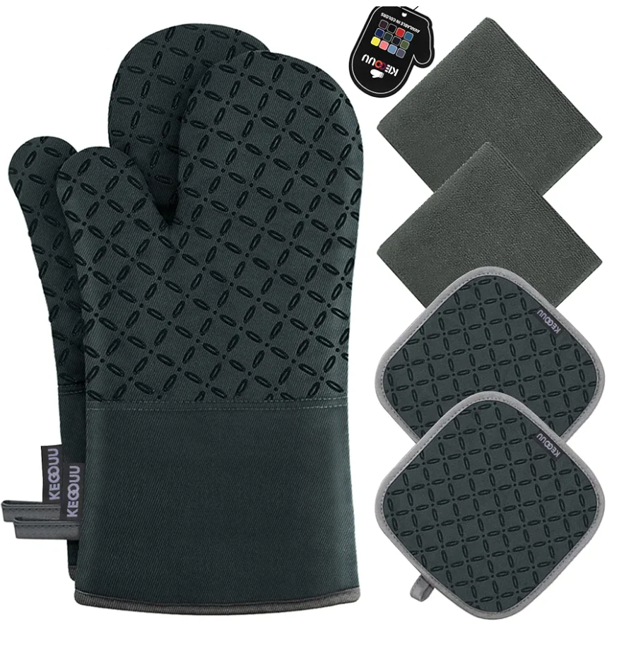 KEGOUU Oven Mitts and Pot Holders 6pcs Set, Kitchen Oven Glove High Heat Resistant 500 Degree Extra Long Oven Mitts and Potholder with Non-Slip Silicone Surface for Cooking (Deep Green)