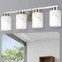 4-Light Square Bathroom Light Fixture, Brushed Nickel Modern Vanity Light with White Marble Glass Shade, for Bathroom Mirror, Living Room, Bedroom, Hallway, E26 Base