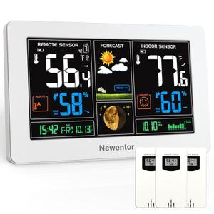 Newentor Weather Station Wireless Indoor Outdoor Thermometer, Color Display Digital Weather Thermometer with Atomic Clock, Barometric Pressure, Forecast Station with Adjustable Backlight,White,3Sensor