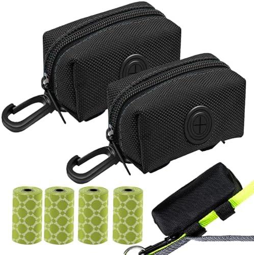 (2 Pack) Dog Poop Bag Holder, Poop Bag Holders for Leashes, CAKOVANO Doggie Waste Bag Dispenser Small Doggy Poop Bag Zipper Pouch with Carabiner Clip with 4 Rolls of Pet Trash Bags, Black