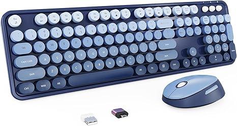 Nowlike Wireless Keyboard and Mouse Combo, Retro Typewriter Keyboard with Round Keycaps, FullSize Ergonomic, Blue, Ideal for Windows PC, Home, Office, and College, Wireless Keyboard Mouse Combo