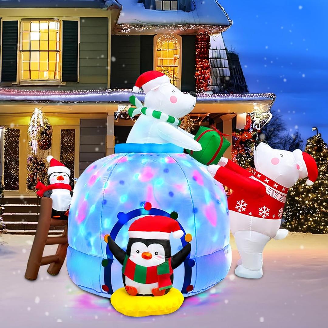 OurWarm 6FT Christmas Inflatable Decorations, Cute Polar Bear Family Igloo Christmas Decorations, Built-in Rotating Colored LED Lights, Suitable for Yard Lawn Outdoor Christmas Decorations