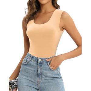MANGOPOP Sleeveless Bodysuit For Women Scoop Neck Double Lined Tank Top Body Suit Basic Fitted Summer Going Out Tops (Beige, XL)