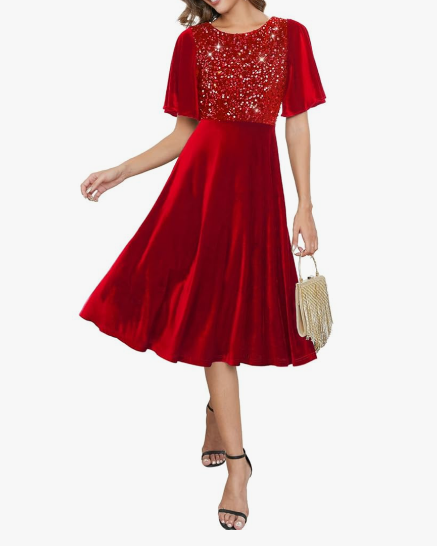 Meetjen Women's Velvet Dresses Crew Neck Fall Wedding Guest Elegant Short Sleeve Midi Sequin Cocktail Party Dress 2XL