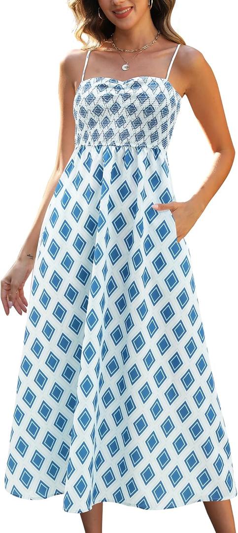 Gardenwed Women's Floral Print Maxi Dress,Spaghetti Strap Smocked Bodice A-Line Sundress with Pockets (Blue, M)