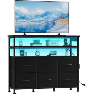 TV Stand for 45 Inch TV, 6-Drawer Dresser with 3-Tier Open Shelves, LED Lights, Charging Station, Wood Top Entertainment Center for Bedroom, Living Room, Hallway, Black