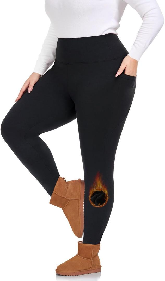 Plus Size Leggings for Women with Pockets-Stretchy Yoga Pants Tummy Control High Waist Workout Leggings, Size 5XL (Fleece Black)