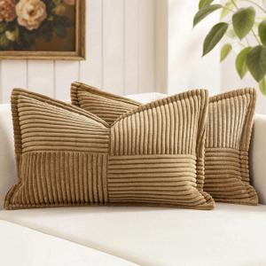 MIULEE Decorative Lumbar Throw Pillow Covers for Couch Bed Livingroom 12x20 Inch Set of 2 Brown Boho Accent Throw Pllows Broadside Striped Patchwork Soft Corduroy Pillowcases
