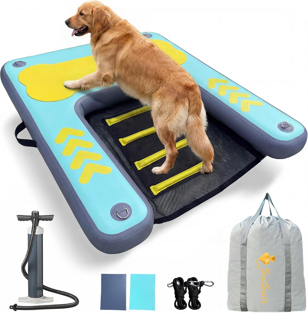 Dog Ramp for Pool & Lake, Inflatable Water Platform 60'' x 40'' Floating Dock for Pets Up to 240 lbs, Non-Slip EVA Surface with Ladder, Boat & Dock Access for Swimming and Outdoor Use