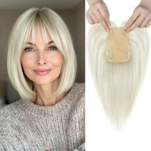 REECHO Human Hair Toppers with Bangs, Thick Hair Volume Topper Hairpiece for Women Real Human Hair Extensions for Daily Wear, Yellow White