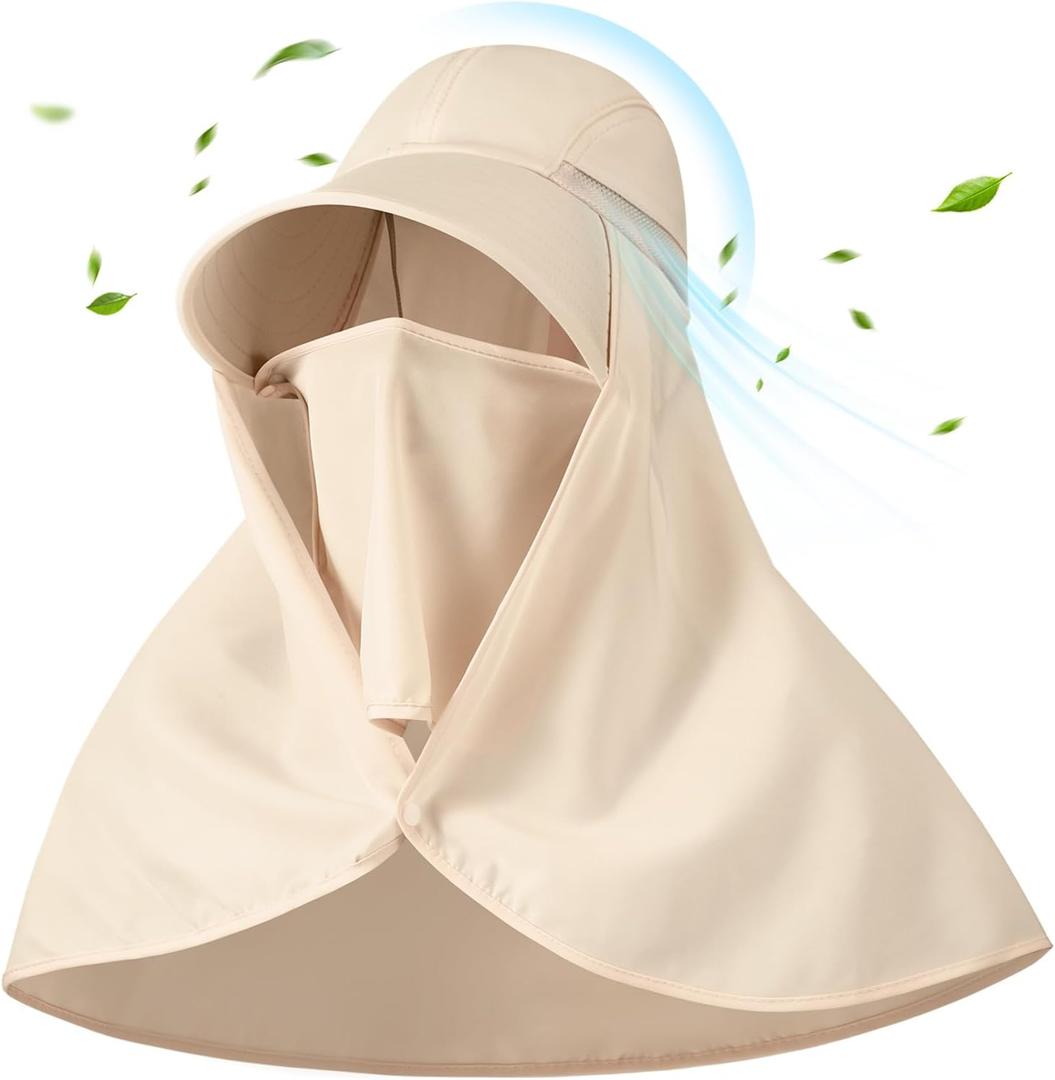 Women Sun Hat with Neck Flap Face Cover UPF 50+ UV Protection Wide Brim Visor Fishing Hat for Outdoor Summer Hiking (Beige)