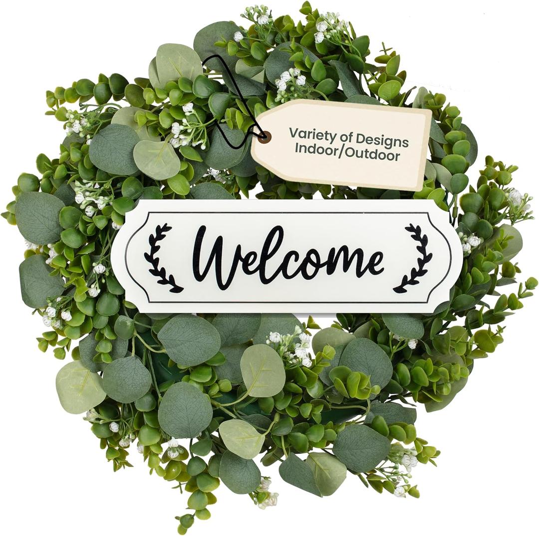 Sggvecsy Green Eucalyptus Wreath with Welcome Sign 20in Artificial Spring Summer White Berries for Front Door Wall Window Festival Farmhouse Porch Patio Garden Decor, White,green
