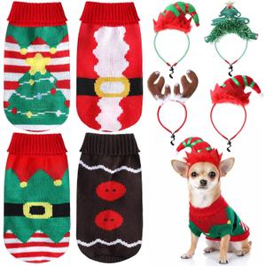 SilTriangle 8 Pack Dog Christmas Costume Dog Christmas Pet Sweaters and Headband Set Winter Knitwear Xmas Clothes Adjustable Xmas Hair Hoop Headwear for Pet Costume Accessories(Medium)