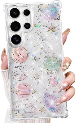 Changjia for Samsung Galaxy S25 Ultra Clear Glitter Case,Cute Bling Sparkle Planet Space Stars Moon Universe Pattern Soft TPU Silicone Shockproof Women Girls Protective Case for Galaxy S26 Ultra,Clear