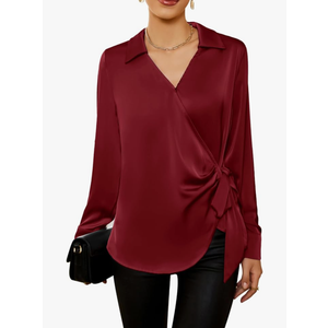 GRACE KARIN Women's Satin Silk Blouses Wrap V Neck Shirts Long Sleeve Elegant Tie Waist Office Formal Work Tunic PulloverTops Red S