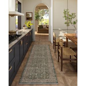 Machine Washable Hallway Runner Rugs: 2'x6' Kitchen Rug Stain Resistant Non Slip Low Pile Soft Carpet Runners for Hallways Indoor Entryway Kitchen Laundry Room Bedroom Bathroom Farmhouse (Dark Green Brown)