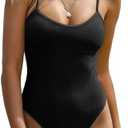 ZAFUL Women's One Piece Swimsuit Ribbed Open Back Bathing Suit Tummy Control Scoop Neck Adjustable Straps High Cut Swimwear, Small