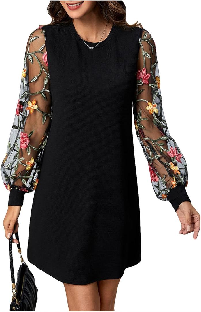 MakeMeChic Women's Fall Long Sleeve Floral Sheer Dress Wedding Guest Mesh Crew Neck Lace Black Mini Dresses, Small