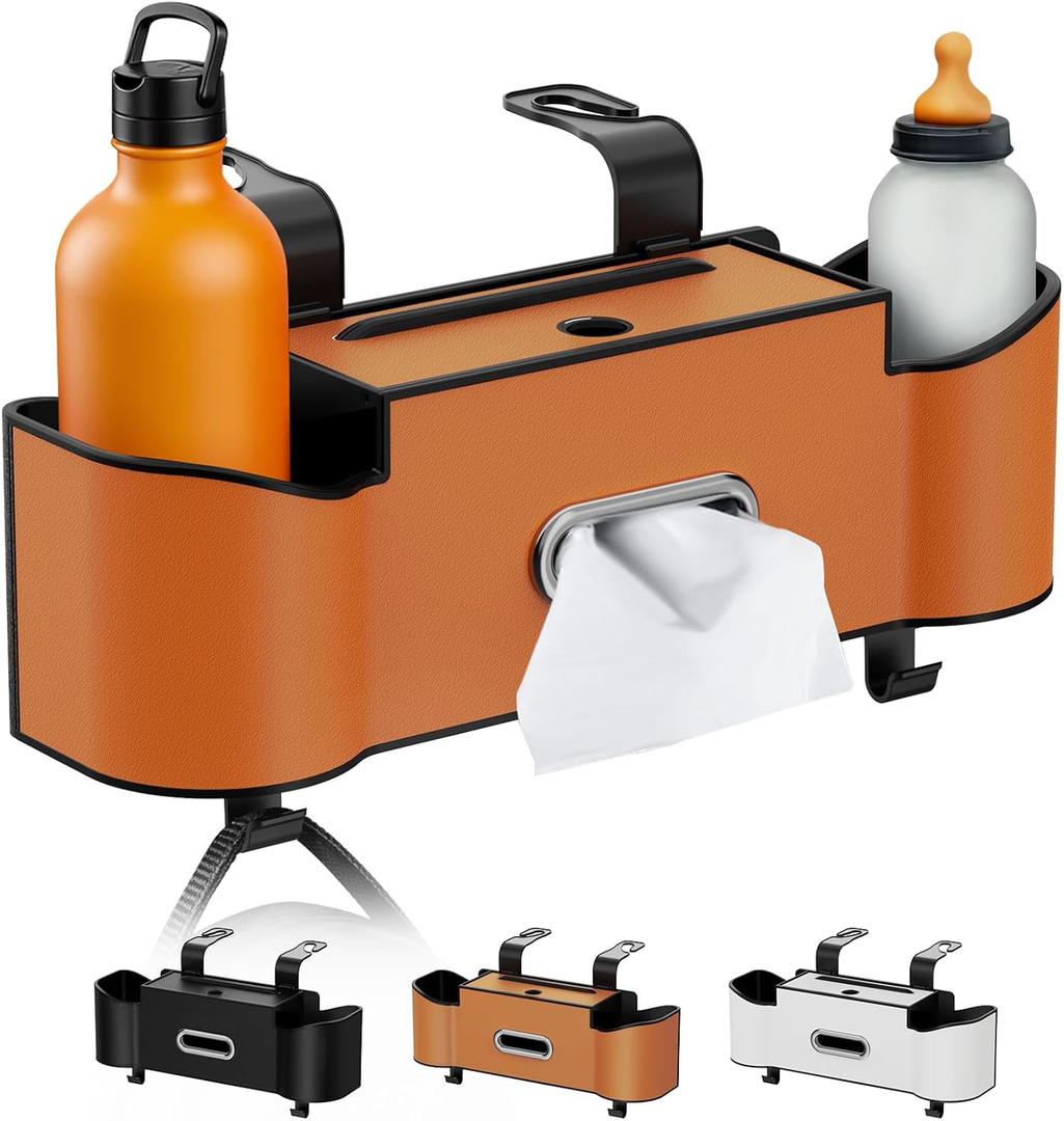 Multifunctional Car Organizers and Storage Box, Car Seat Back Storage Box with Tissue Holder, 2 Cup Holders & Purse Hooks (Orange)