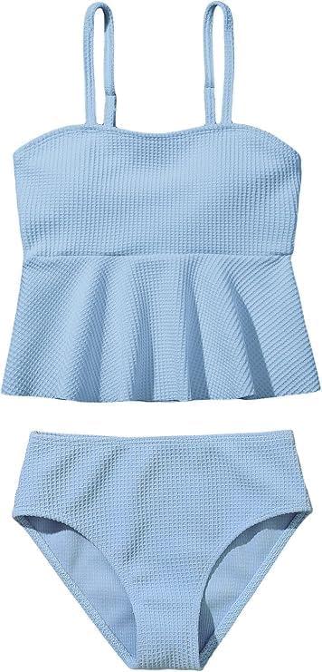 QJQ Girl's 2 Piece High Waisted Swimsuits Ruffle Waffle Bathing Suit Summer Cute Bikini Sets