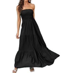 Daenery Women Strapless A Line Maxi Dress Tube Top Backless Casual Summer Dress Carbon Black.XL