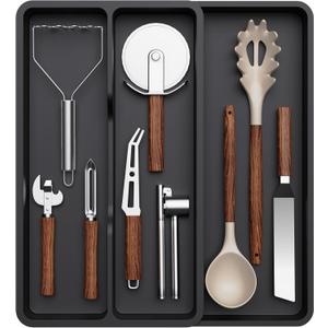 Lifewit Utensil Drawer Organizer, Expandable Cooking Silverware Tray for Kitchen Drawer, Adjustable Cutlery Flatware Holder, Plastic Spatula Tools and Gadgets Storage Divider, 3 Compartments, Black (14.4*15.8*1.8 inch (3 Slots))