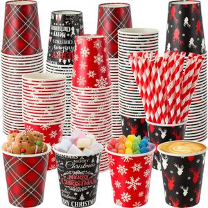 FoldTier 120 Set 9 oz Christmas Hot Cocoa Paper Cups Bulk Disposable Paper Coffee Tea Cups with Straws Christmas Hot Chocolate Bar Supplies for Tea Juice Xmas Party Holiday Drinkware (Classic)