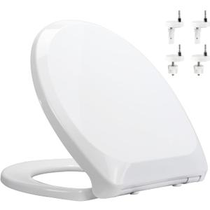 Soft-CloseToilet Seat, Non-Slip Bumpers, Quick Release Toilet Hinges Easy to Install & Clean, Including Two Sets of Parts, White (KP109)